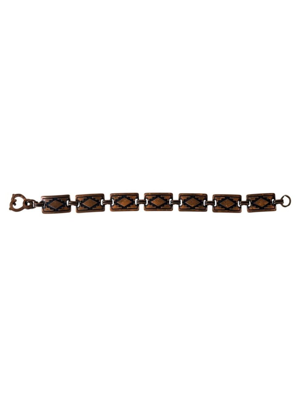 Vintage Signed Copper Southwestern Aztec Geometric Panel Link Bracelet — Signed